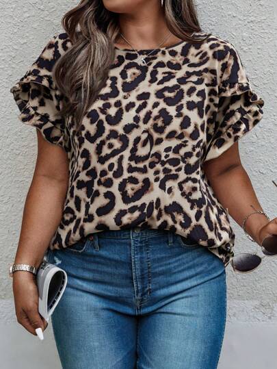 Calvaya Plus Size Women Leopard Print Petal Sleeve Round Neck Loose Casual Blouse