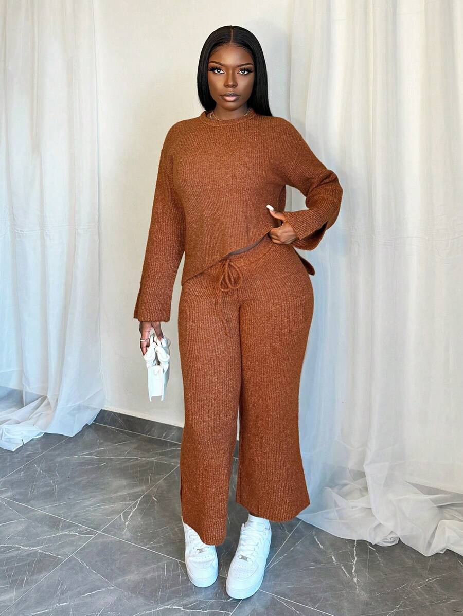 BamGleam 2pcs Women Knitted Oblique Hem Top & Side Slit Pants Set, Long Sleeve Sweater & Long Trousers Outfits, Autumn/Winter Fall Cloth For Women - Rust Brown - View 1