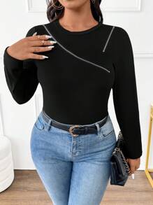 Calvaya Plus Size Women Zipper Hollow Design Slim Fit Long Sleeve T-Shirt For Spring - Black - View 4