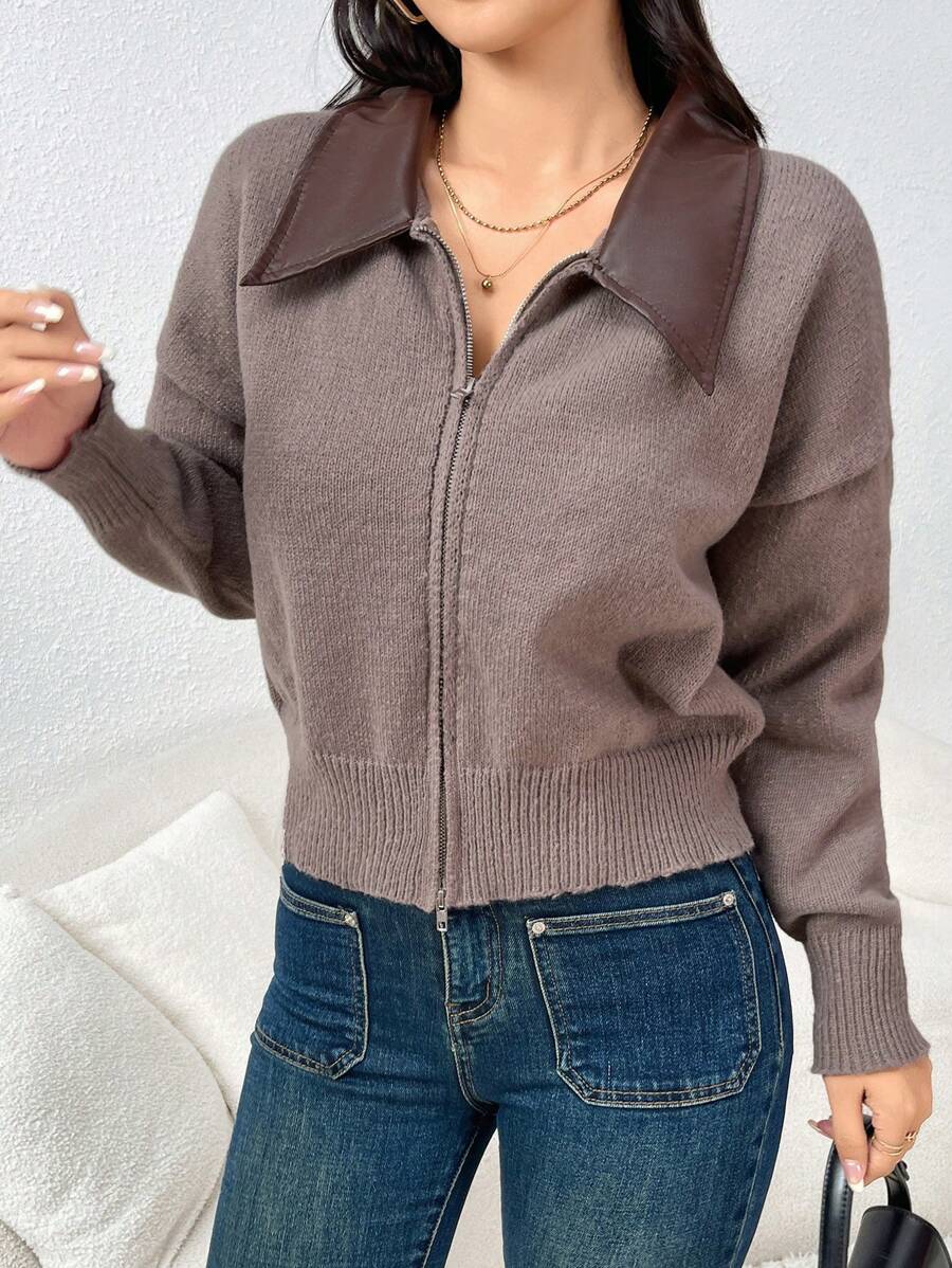 Seusyu Women's Casual Color Block Collar Double-Zipper Cardigan, Autumn And Winter