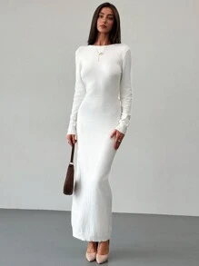 Aloruh New Sexy Open Back Knitted Blend Knit Long Sleeve Sweater Dress, Warm - Beige - View 5