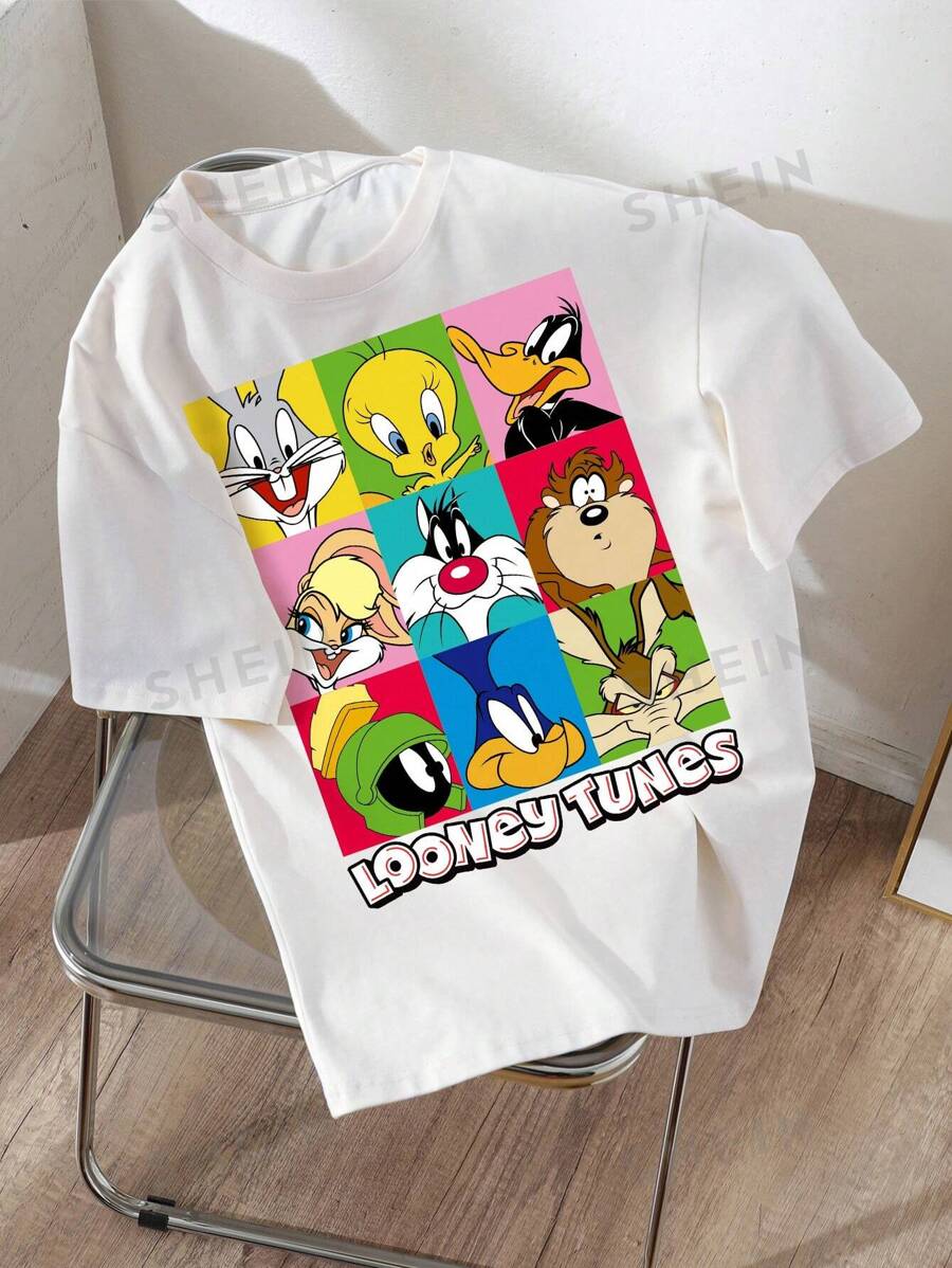LOONEY TUNES X SHEIN Camiseta suelta de verano de hombros caídos para mujer con estampado de dibujos animados de Tweety, Daffy Duck, Silvestre y Demonio de Tasmania, y letras