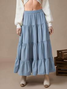 WESTFADE Falda larga de verano con volantes y rayas, estilo occidental para vacaciones - Neblina azul - Ver 2