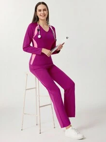 TaskEZ 女式 V 领长袖撞色紧身高弹力面料双口袋工作服上衣和松紧腰带头直筒裤下装，健康检查手术服制服女式纯色宠物美容工作服洗刷套装营养师工作服短袖实验室工作服女式两件套，多口袋功能性工作服，上衣领子带有纽扣，方便穿脱，下身松紧腰带，方便穿脱，功能性女装可以在圣诞节穿着 - 玫紅色 - 查看 7