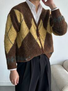 DAZY Men's Checkered Print Loose Casual Open Front Long Sleeve Cardigan, Autumn/Winter