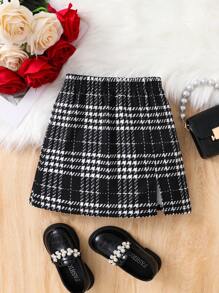 Váy mini kẻ caro dệt kim thường ngày cho bé gái mới biết đi & bé gái, thích hợp để mặc thường ngày - Đen và trắng - Xem 6
