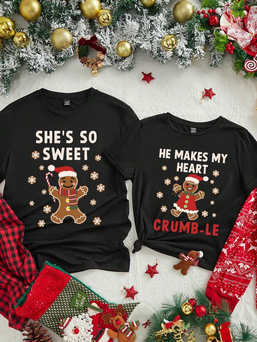 SHEIN Essnce Couples Christmas Shirts, Couple Christmas Pajamas, Couple Sweaters, Gingerbread Matching Christmas TShirts, Funny Ugly Sweater Party Tees,Casual Minimalist Christmas Pattern Loose Round Neck Short Sleeve Women T-Shirt, Suitable For Summer - Black - View 1