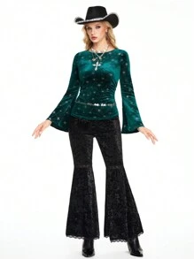 ROMWE Hippie Women's Hippie Velvet Gold Foil Star Flare Sleeve T-Shirt