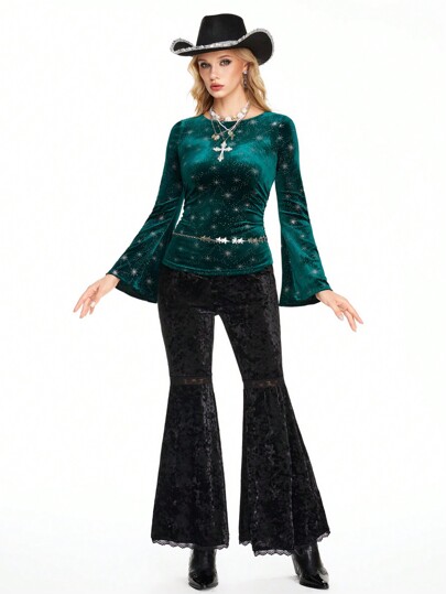 Maglietta donna hippie con maniche a flare, scollo profondo e stampa dorata a forma di stella in velluto