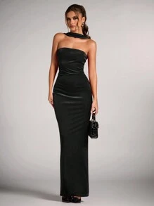 SHEIN BAE 华丽优雅天鹅绒派对宴会聚会红色抹胸露背长红裙，红色连衣裙圣诞女装，优雅礼服婚礼，万圣节女装，希腊女神礼服，节日礼服，圣诞派对礼服 - 黑色 - 查看 6