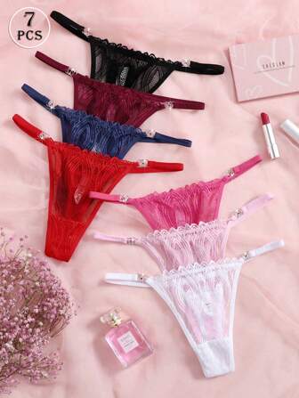 مجموعة 7 سراويل دانتيل زهري للملابس الداخلية