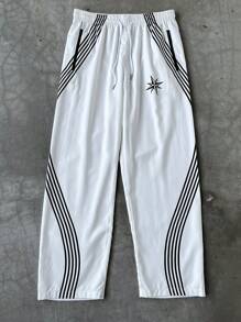 Manfinity EMRG 男士撞色条纹抽绳口袋休闲百搭裤，外出长款直筒裤，适合送给老公、男朋友的礼物，秋季 - 白色 - 查看 3