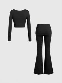 Sweetra 2pcs Set: Square Neck Long Sleeve T-Shirt And Flare Pants, Casual Fitted Women Fall Cloth For Women - Black - View 2