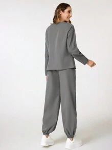 TaskEZ Women's Loose Contrast Color Trim Long Sleeve Top And Jogger Pants Set, Nursing Scrub Uniform Set - Dark Grey - View 2