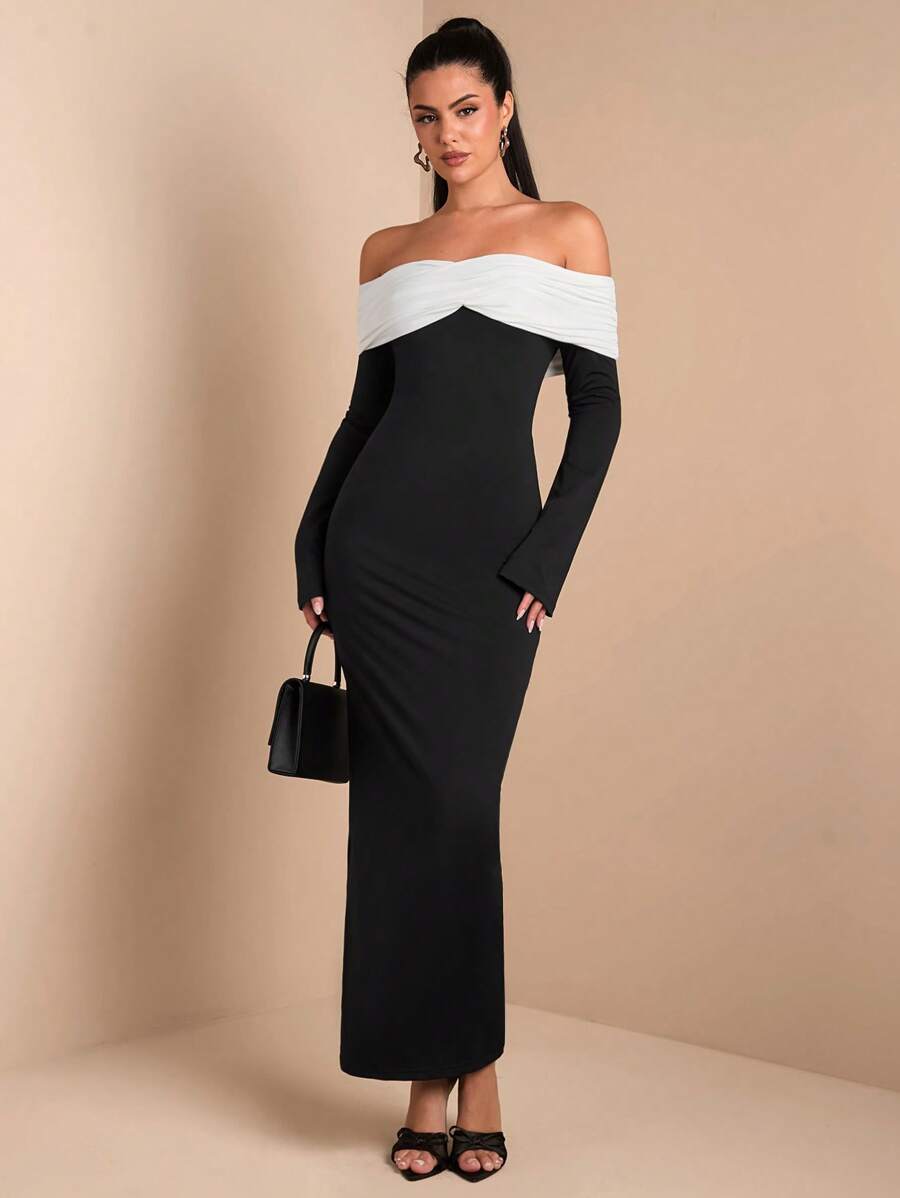 SHEIN BAE Elegant Winter Women Dress Black & White Contrast Twisted Off-Shoulder Long Flared Sleeve Bodycon Dress, Suitable For Formal Parties, Dates, Celebrations, Evenings Out - Black and White - View 1