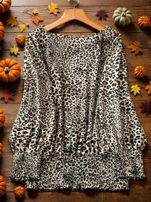 SHEIN LUNE Fall Clothes Casual Everyday Wear,Plus Size Women Shirts Leopard Print Round Neck Long Sleeve Casual Blouse Holiday Outfit