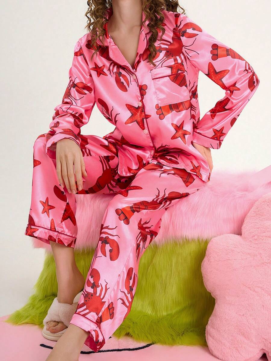 女士数码印花缎面睡衣套装 - 彩色 - 查看 1