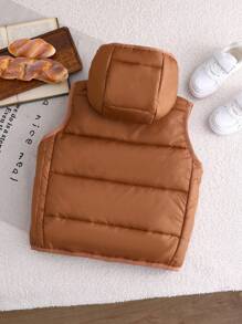 SHEIN Áo vest có mũ trùm đầu chần bông dày thường ngày cho bé trai có khóa kéo đệm - màu nâu - Xem 2