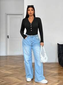 SHEIN EZwear 大码黑色针织紧身 V 领前扣长袖连身衣，适合冬季 - 黑色 - 查看 4