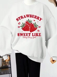 SHEIN CURVE+ Casual Strawberry Pattern Crew Neck Long Sleeve Plus Size Sweatshirt, Suitable For Autumn And Winter - White - View 5