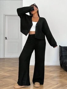 SHEIN EZwear Áo len cardigan dài tay một hàng khuy màu trơn cỡ lớn cho nữ và quần dài dệt kim thường ngày, Thu/Đông - màu đen - Xem 5