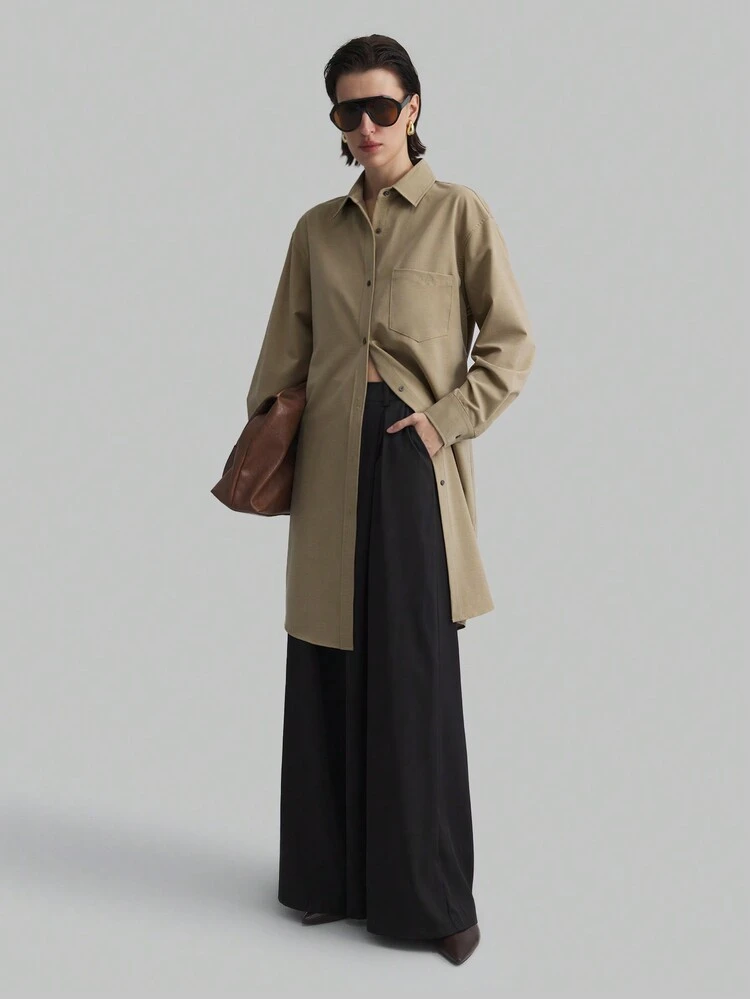 Turndown Collar Long Sleeve Mid-Length Basic Casual Beige Shirt, New Year French Style Long Sleeve Top, Outer Wear, Holiday, Containing 3% Wool, Daily Wear Long Sleeve Shirt, Mid-Length Beige Ladies Shirt, Turndown Collar Long Sleeve Long Shirt, Autumn/Winter