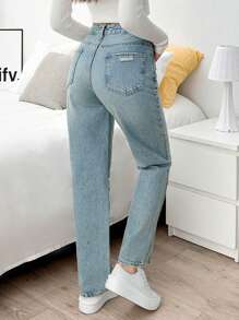 EURMUSE High Waist Skinny Straight Blue Pocket Belt Casual Jeans - Light Wash - View 2