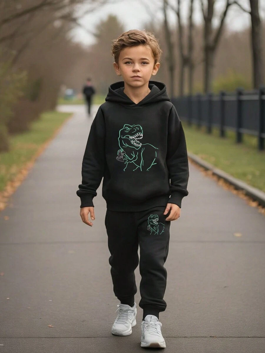 Young Boy Dinosaur Gaming Print Hoodie And Sweatpants Set - Black - View 1