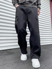 Manfinity Homme Plus Size Men's Casual Fashion Versatile Straight Leg Pants, Spring/Autumn Going Out Long Plain Black Cargo Pants, For Husband, Boyfriend Gifts