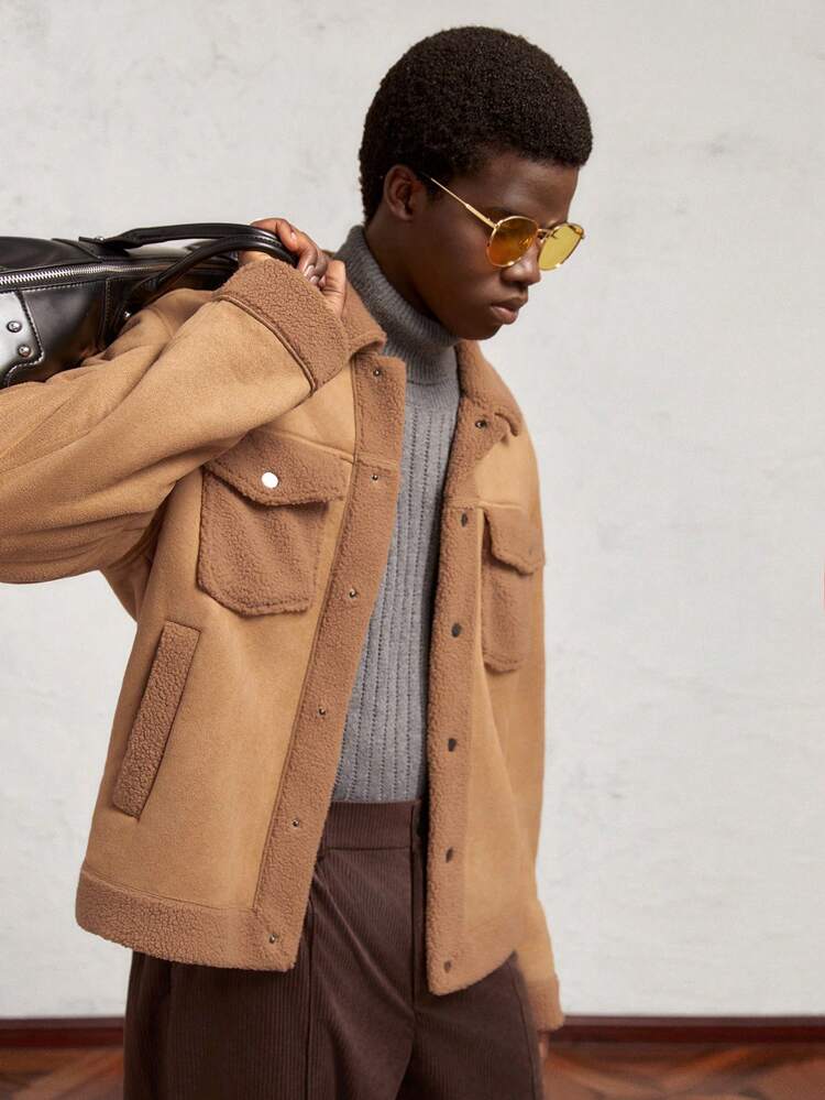 Men's Knitted Form-Fitting Stand Collar Jacket With Thermal Lined, Short Style, Camel Color, Suitable For Autumn/Winter, Daily Work, Pocket Split, Metal Buttons