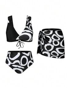 Swim Oasis 3pcs Plus Size Printed Bikini Swimwear Set, Multiple Colors Summer - Multicolor - View 1
