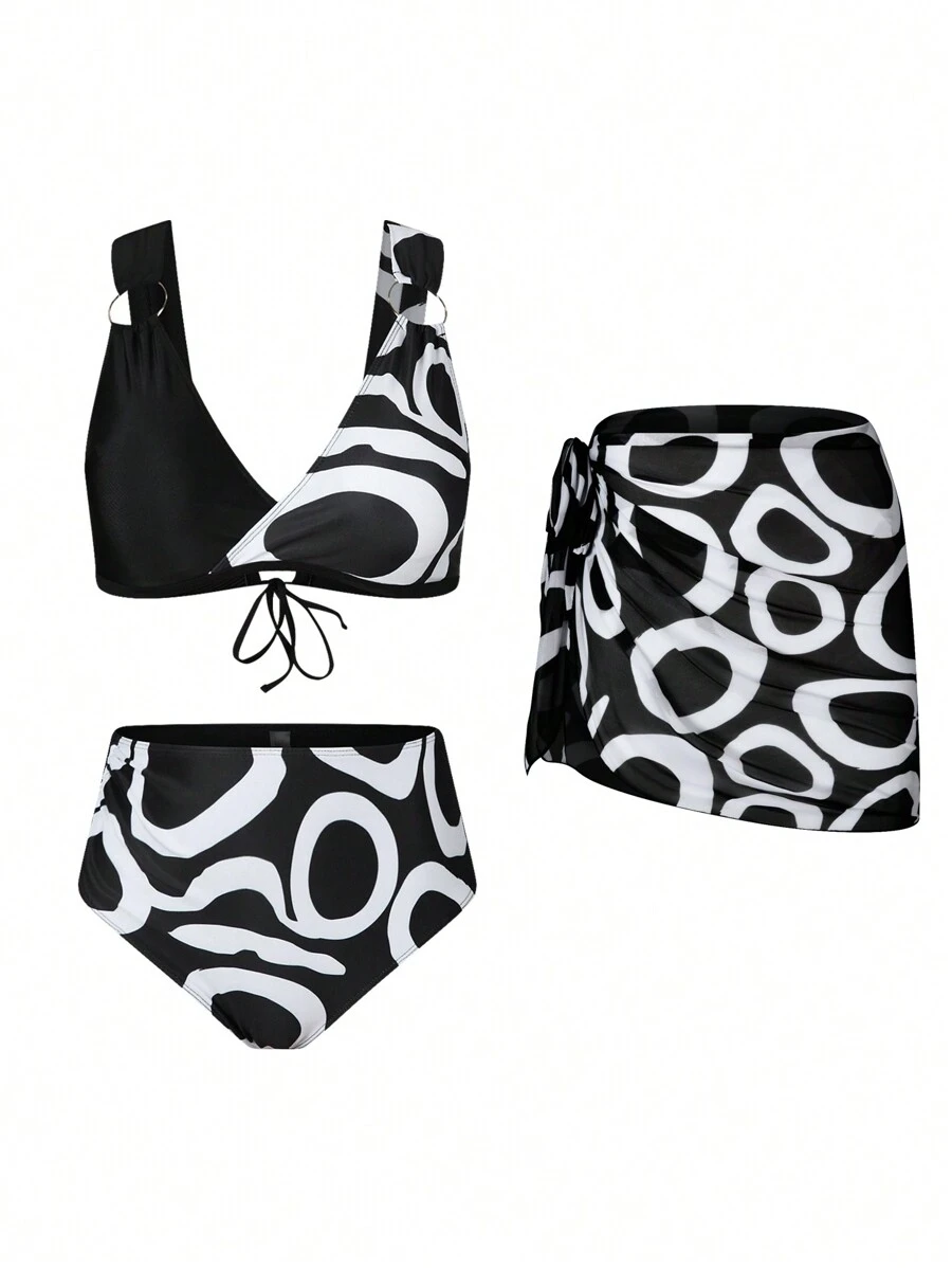 Swim Oasis 3pcs Plus Size Printed Bikini Swimwear Set, Multiple Colors Summer - Multicolor - View 1
