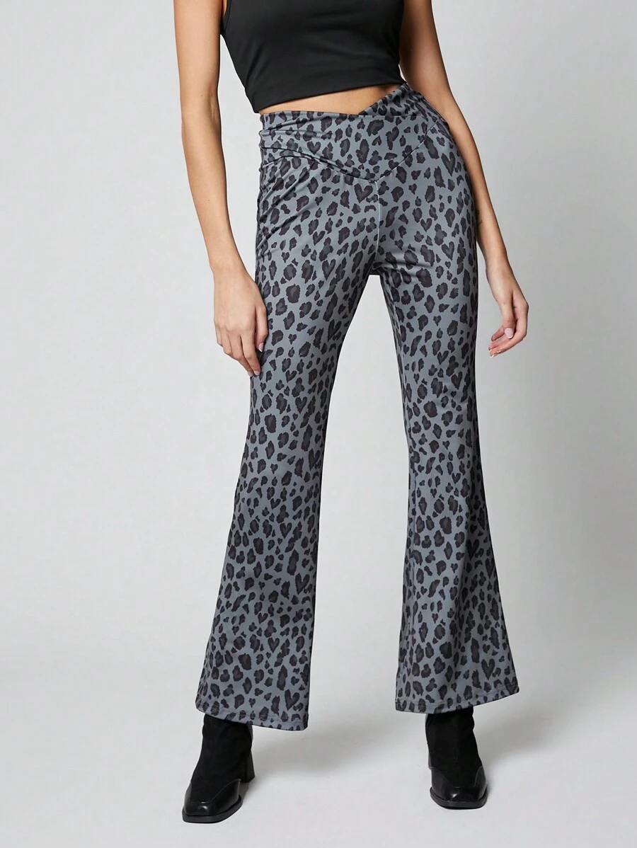 SHEIN EZwear 女士瑜伽豹纹交叉腰紧身喇叭裤