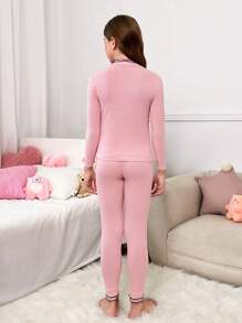 SHEIN Tween Girls 2pcs/Set Sweet Minimalist Ruffle Collar Long Sleeve T-Shirt And Soft Pajama Pants Set, Comfortable Sleepwear - Baby Pink - View 3