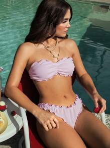 Swim Mod Women's Solid Color Ruffled Bandeau Sexy Bikini Set, Suitable For Beach Resort Summer - Baby Pink - View 7