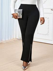 SHEIN Lady Pantalon évasé en tricot noir orné de strass, élégant et décontracté, convenant pour le bureau et les déplacements. Tailles plus disponibles. - Noir - Voir 5