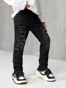 SHEIN Jeans noirs slim déchirés et effilochés pour garçon, style de rue cool. Convient pour le port en extérieur à l'automne/hiver et l'usage quotidien - Noir - Voir 5