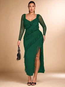 SHEIN BAE Plus Size Women Solid Color Sweetheart Collar Ruffle Hem Mesh Splice Long Sleeve Side Slit Hem Fitted Elegant Dress - Dark Green - View 3