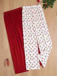 2 Pcs/Set Cherry Printed & Solid Color Elastic Waist Long Pajama Pants For Christmas - Multicolor - View 5