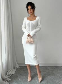Calvaya Women's Autumn Square Collar Slim Fit Solid Sweater Dress