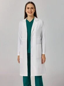TaskEZ Women's Solid Color Bandbag Collar Long Sleeve Pocket Casual Lab Coat/Jacket, White - White - View 3