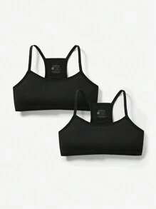SHEIN Bộ 2 chiếc áo ngực thể thao dệt kim thoáng khí tối giản dành cho bé gái tuổi teen - màu đen - Xem 1