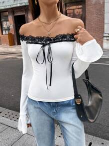 Chiquease Blusa de mujer con hombros descubiertos, lazo y mangas acampanadas - Blanco - Ver 4