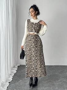 Chiquease 2 件套仿麂皮豹纹拼布蕾丝衬衫，荷叶边下摆圆领长袖背心和 A 字喇叭裙，优雅办公室装扮 - 棕色 - 查看 4