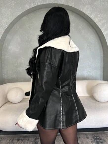 SHEIN SXY 女士冬季黑白皮革镶边落肩长袖修身羊毛夹克、皮草大衣、黑色皮夹克、羊毛夹克、黑色皮草大衣、外套连衣裙、泰迪大衣、冬季女士外套 - 黑與白 - 查看 3