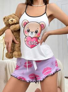 Bộ đồ ngủ in hình trái tim gấu trúc và môi đỏ dễ thương dành cho nữ, đồ mặc nhà thời trang - Nhiều màu - Xem 4