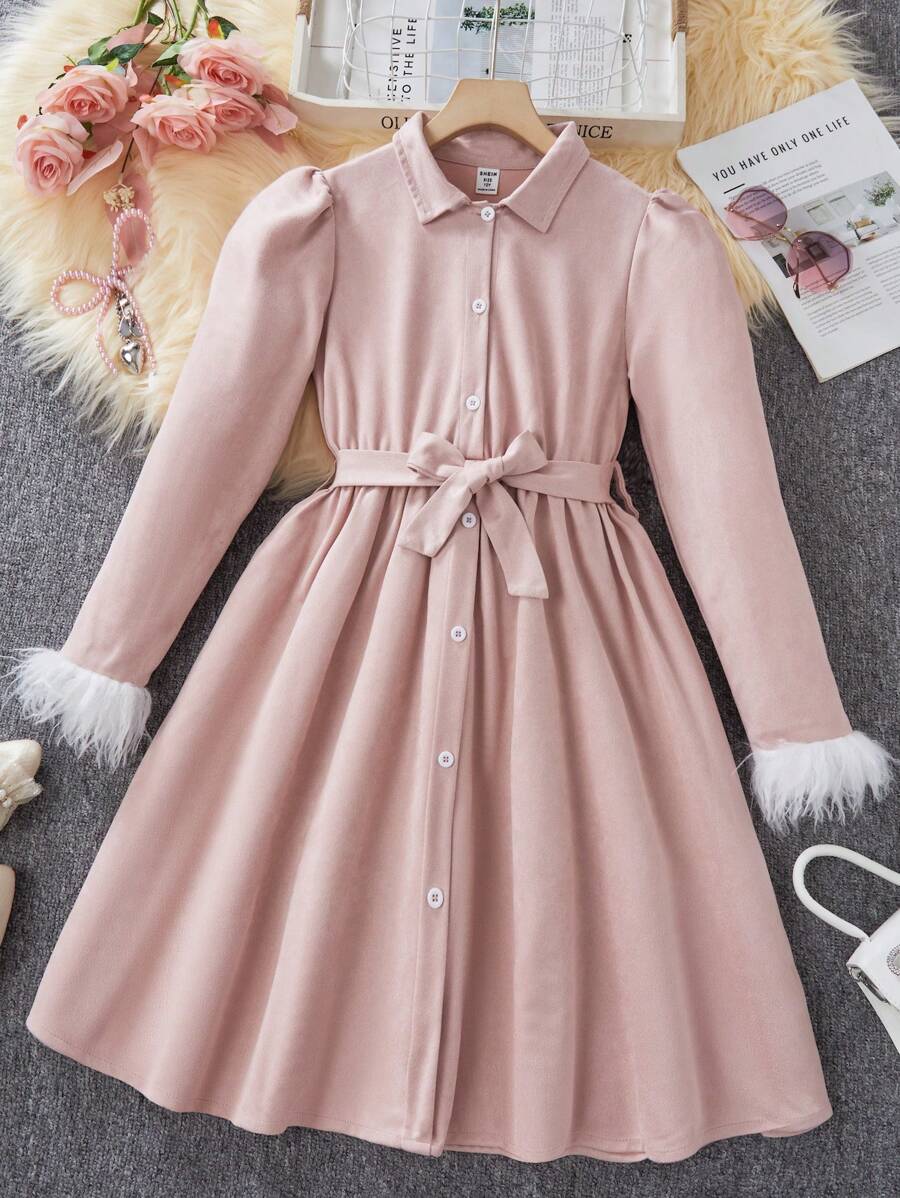 Tween Girls' Bubble Sleeve Single-Breasted Fuzzy Cuff Casual Shirt Dress