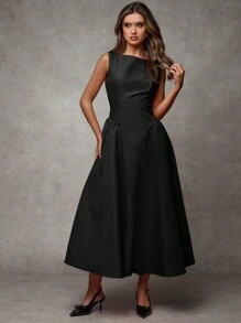 SHEIN BAE 女式复古酒红色无袖连衣裙，紧身腰部，适合约会、派对、返校 冬季女装 感恩节女装 冬季装 圣诞女装 圣诞女装 - 黑色 - 查看 6