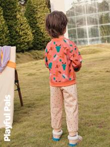 SHEIN 2 件套年轻男孩图案印花圆领长袖上衣和休闲裤套装，适合圣诞节 - 彩色 - 查看 2