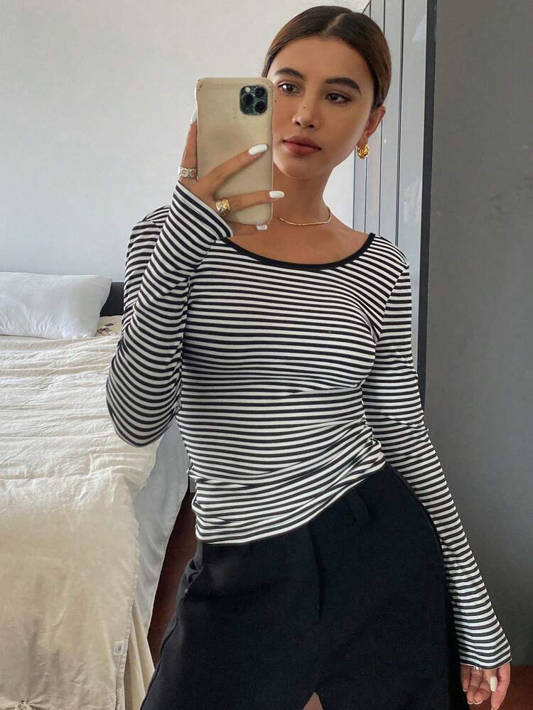 Striped Slim Fit Long Sleeve T-Shirt For Women , Backless Top,Halter Top,Fall Clothes